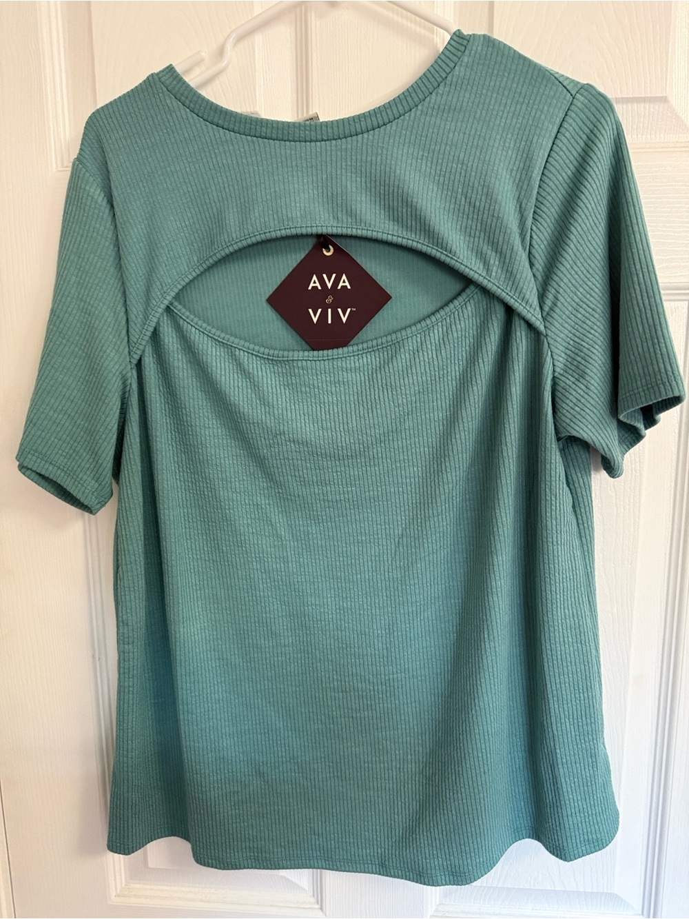 Ava & Viv 1X Teal Ribbed Short-Sleeve Top with Back Cutout NWT